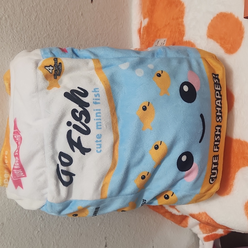 2 Scoops Go Fish plush fleece pillow with 4 mini gold fish inside